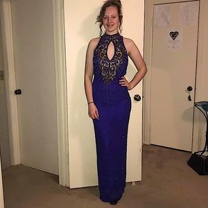 Blue and gold, beaded, prom or banquet dress.